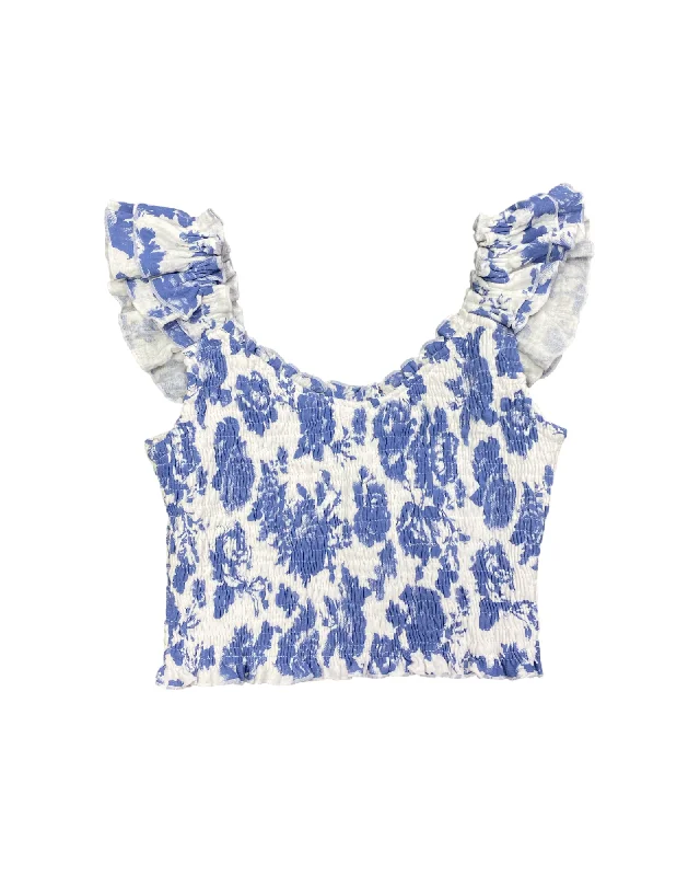 Blue Toile Smocked Ruffle Strap Tank ivory tank top