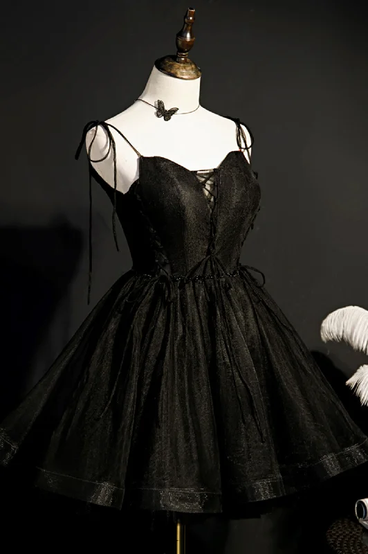 Black Tulle Short Prom Dress, Lovely A-Line Spaghetti Strap Party Dress Satin Halter Glamorous Black Tulle Short Prom Dress, Lovely A-Line Spaghetti Strap Party Dress Satin Halter Glamorous