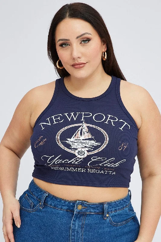 Blue Graphic Tank Top Crew Neck baby blue tank