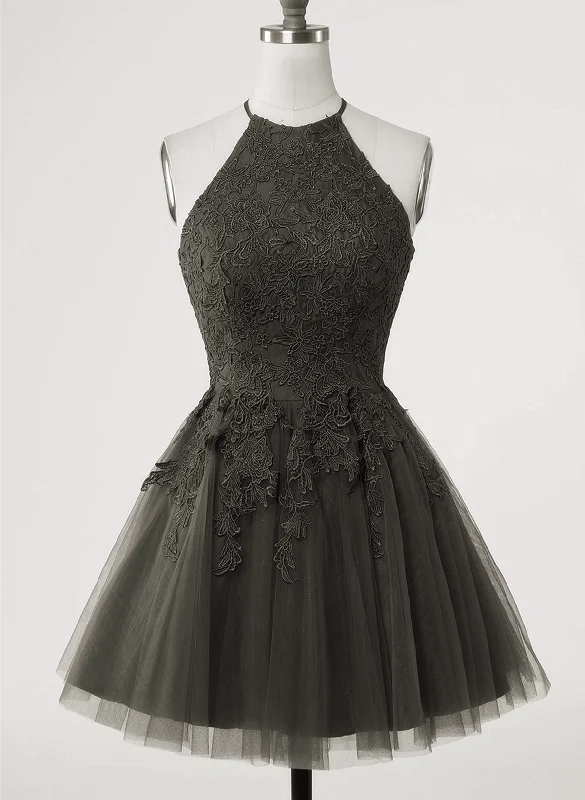 Black Halter Tulle With Lace Short Party Dress, Black Tulle Homecoming Dress Tunics Distressed trendy Black Halter Tulle With Lace Short Party Dress, Black Tulle Homecoming Dress Tunics Distressed trendy