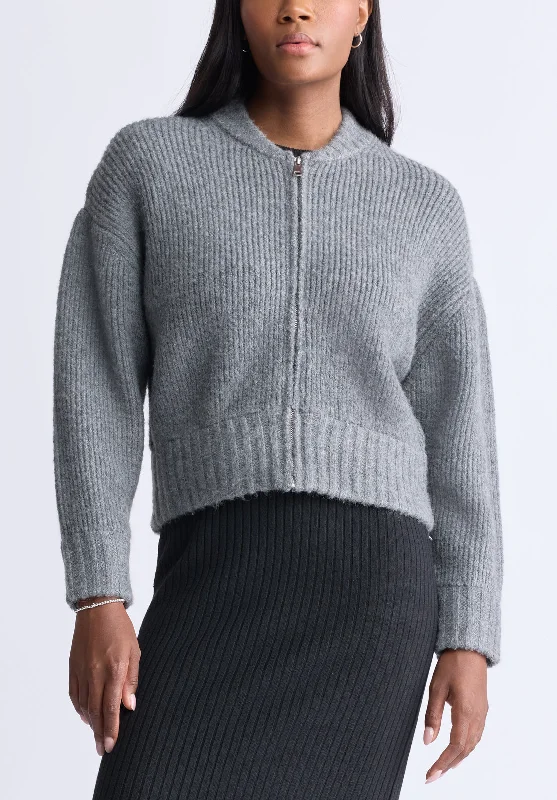 Rudie Women's Ribbed Knit Zip-Up Cardigan, Grey - SW0097H Wool Cardigan Cotton Cardigan Cashmere Cardigan