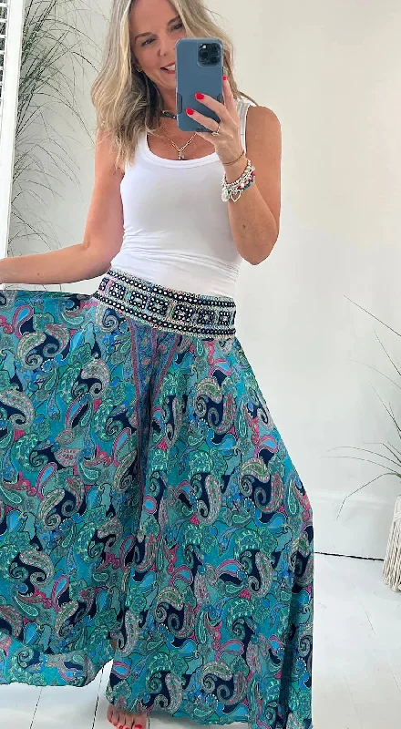 Clevecorner™ Ethnic Paisley Print Elastic Patchwork Waist Pants Classic Straight Pants