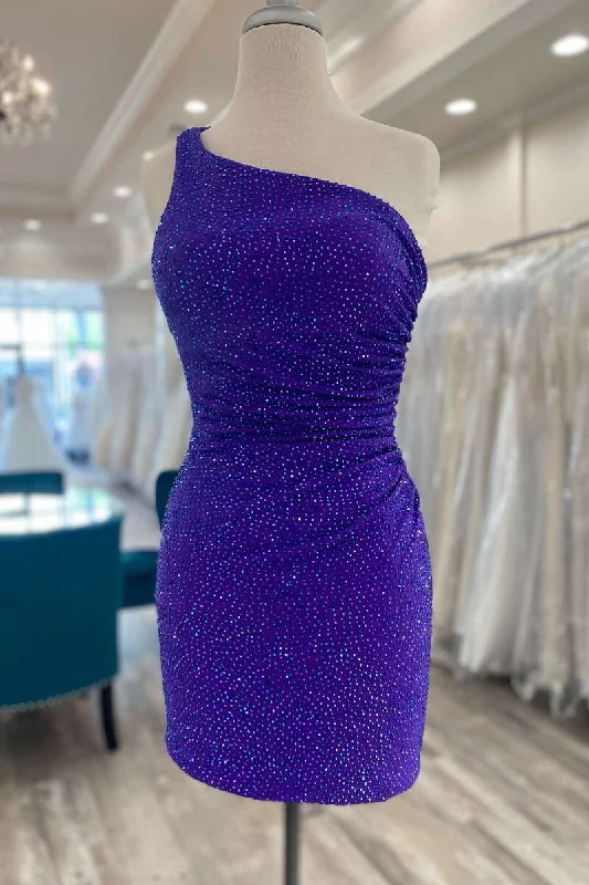 Regency Beaded One-Shoulder Ruched Short Party Dress Peplum Ruffle Cocktail
