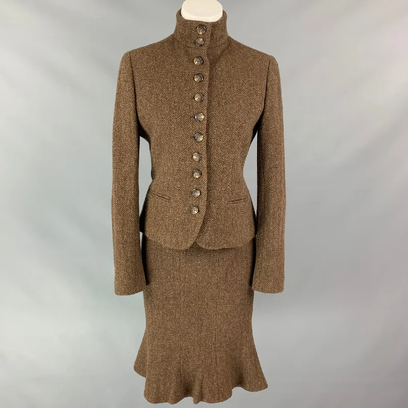 RALPH LAUREN Black Label Size 6 Brown & Taupe Herringbone Wool / Cashmere Skirt Suit corduroy skirt comfortable