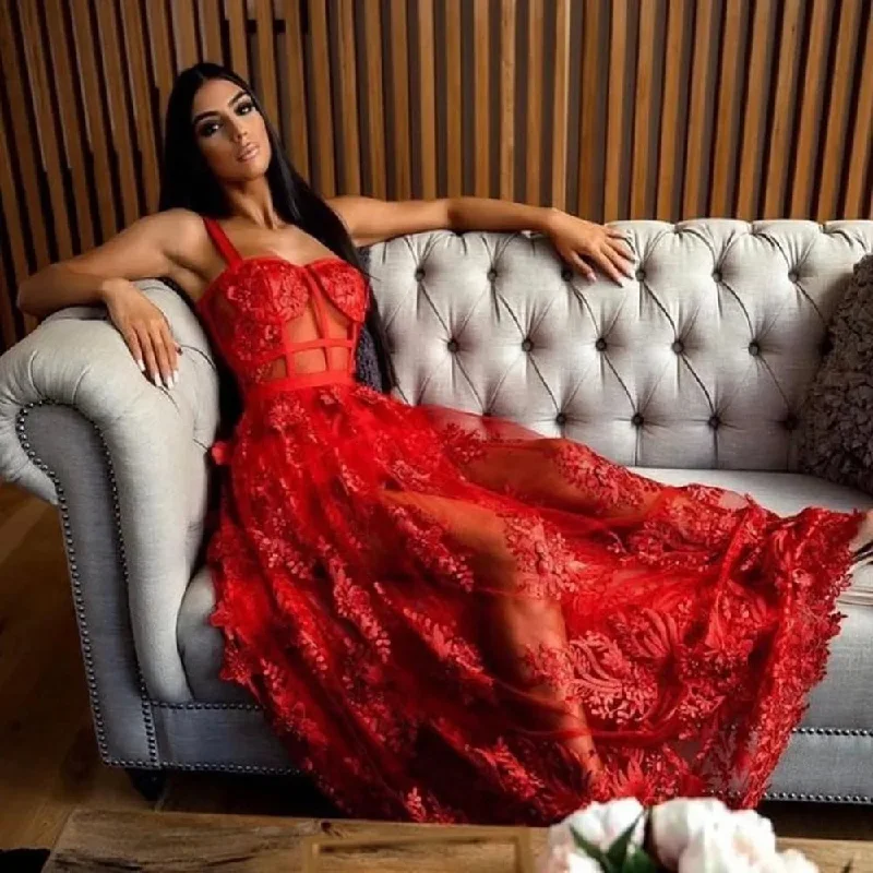 Red Lace Backless Christmas Party Dress Tunics Long Elegant