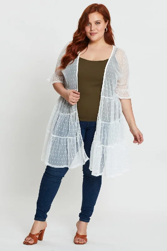 White Longline Cardigan Short Sleeve Mesh Layered Multi-layer Single Layer
