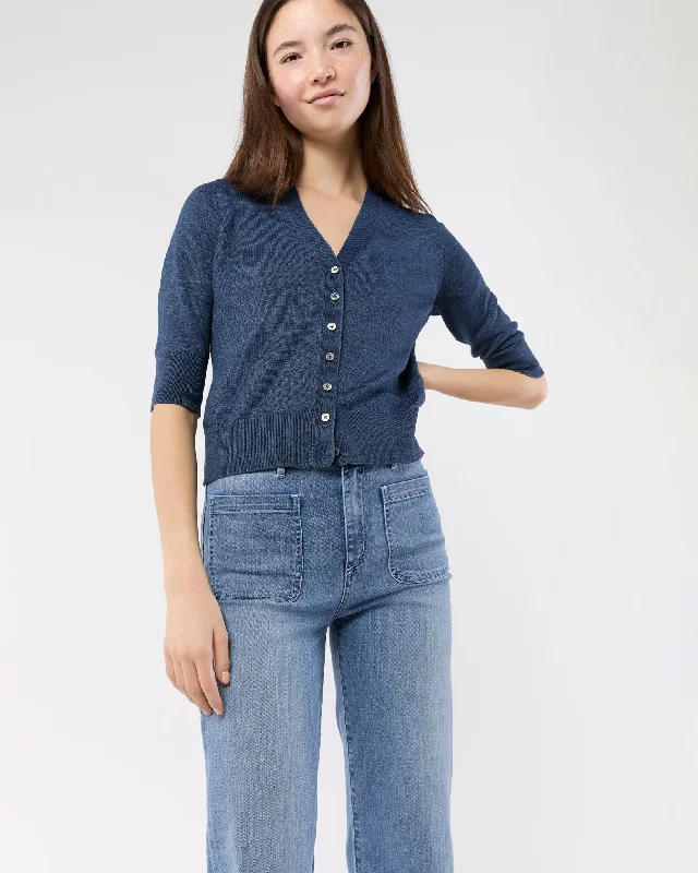 Short-Sleeved Rosie V-Neck Cardigan in Denim Linen Terry Blend Velvet Blend Canvas Blend Short-Sleeved Rosie V-Neck Cardigan in Denim Linen Terry Blend Velvet Blend Canvas Blend