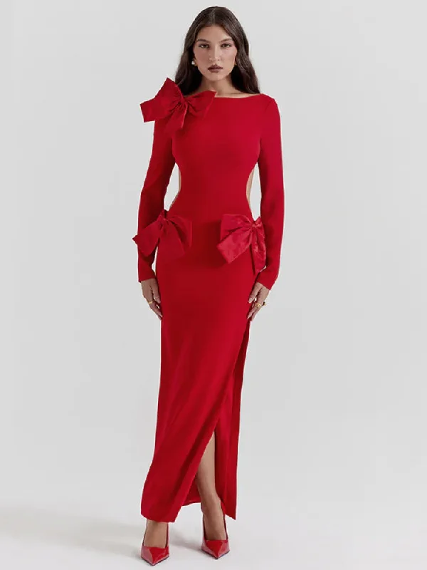 Elegant Bow Backless Maxi Christmas Party Dress Tunics Evening elegant