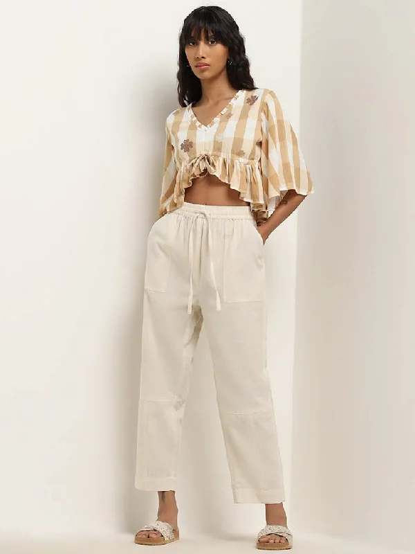 Bombay Paisley Off-White High-Rise Cotton Blend Pants Comfortable Denim Pants