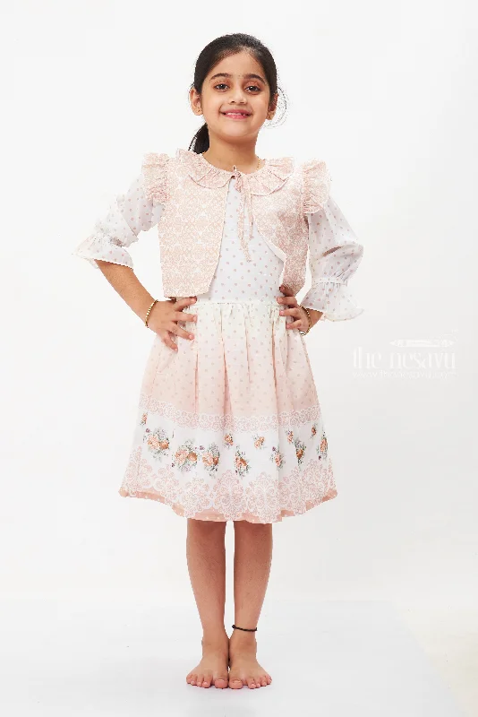 Beige Floral Lace Fancy Cotton Frock with Sheer Jacket for Girls Denim Jacket Leather Jacket Suede Jacket Beige Floral Lace Fancy Cotton Frock with Sheer Jacket for Girls Denim Jacket Leather Jacket Suede Jacket