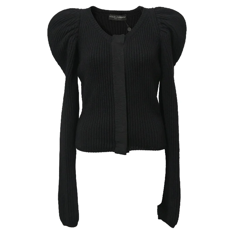 Dolce & Gabbana Knitted Puff Sleeve Cardigan in Black Wool Ribbed Striped Patterned