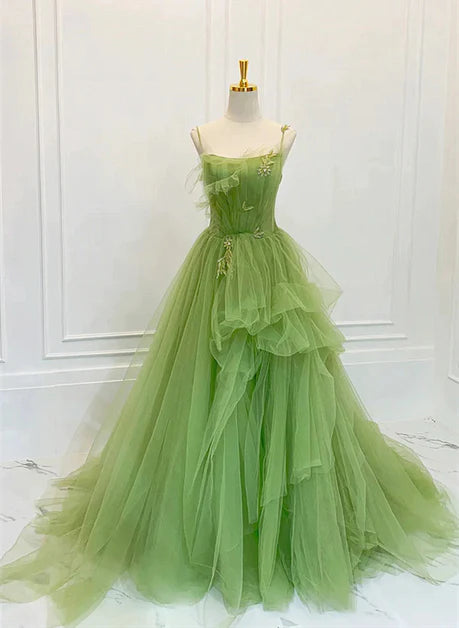 High end green sheer camisole long party dress with green backless sleeveless stickers, lace beaded ruffled edges for evening dress Tunics Luxurious premium