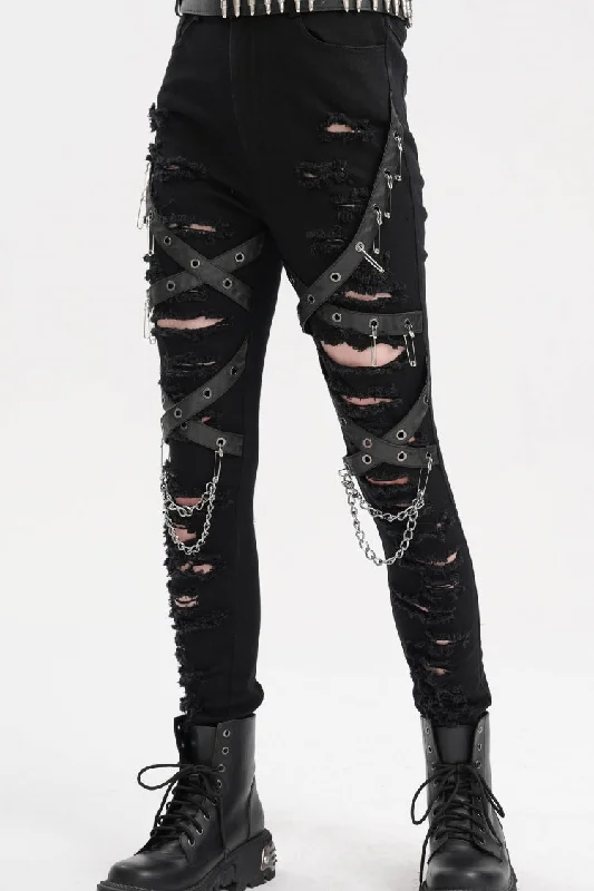 Black Chain Mesh Ripped Women's Punk Pants Trendy Wide-Legged Trousers