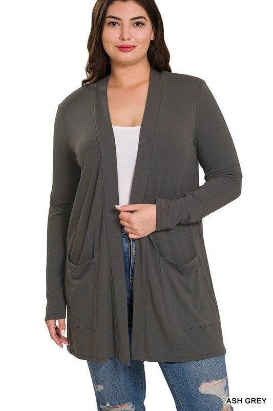 Zenana Plus Slouchy Pocket Open Cardigan Lace Blend Ribbed Blend Corduroy Blend