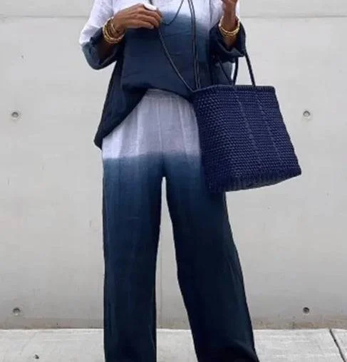 Elegant Blue Gradient Pants Set for Effortless Style Classic Cropped Pants