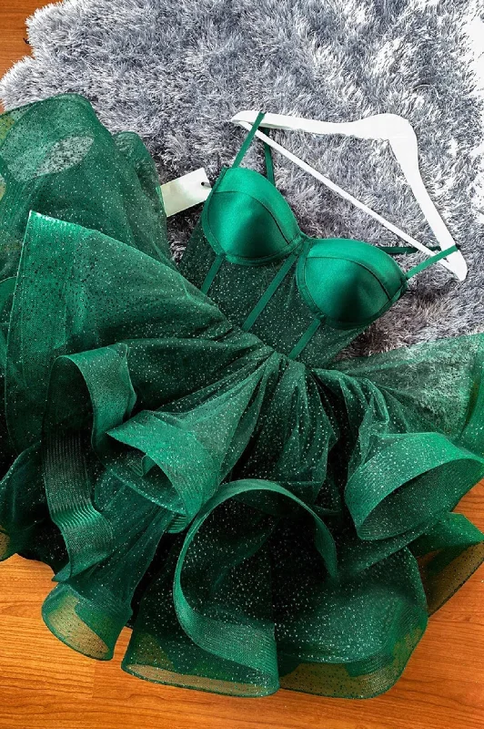 Green Tulle Spaghetti Straps Short Homecoming Dress, A-Line Mini Party Dress Tunics Satin smooth Green Tulle Spaghetti Straps Short Homecoming Dress, A-Line Mini Party Dress Tunics Satin smooth