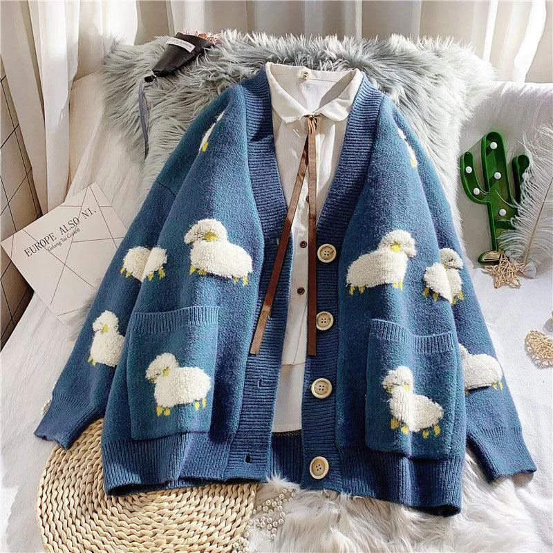 Sheep Embroidery Knitted Cardigan Sequined Glittery Shiny