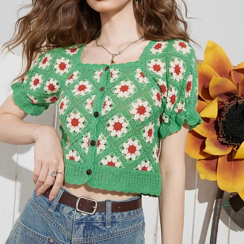 Cottagecore Floral Crochet Cardigan Collared Crew Neck Turtle Neck