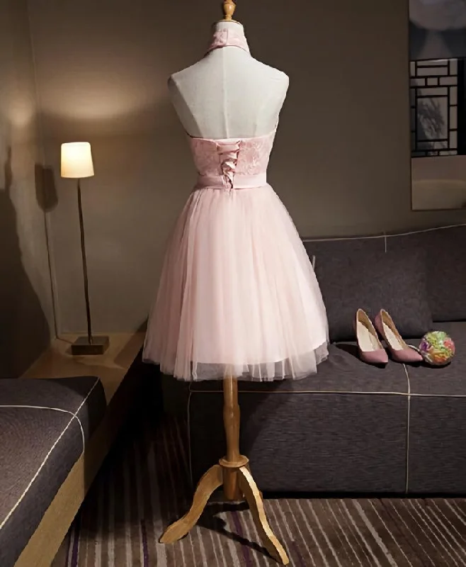 Lovely Pink Halter Tulle Flowers Short Prom Dress Homecoming Dress, Pink Graduation Dresses Party Dresses Turtleneck Neckline Stylish Lovely Pink Halter Tulle Flowers Short Prom Dress Homecoming Dress, Pink Graduation Dresses Party Dresses Turtleneck Neckline Stylish