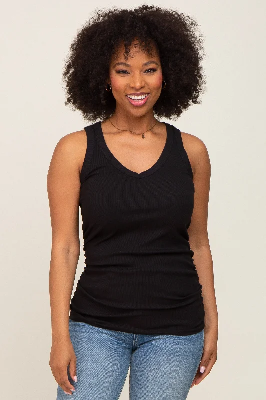Black Ribbed Sleeveless Ruched Tank Top lemon yellow tank