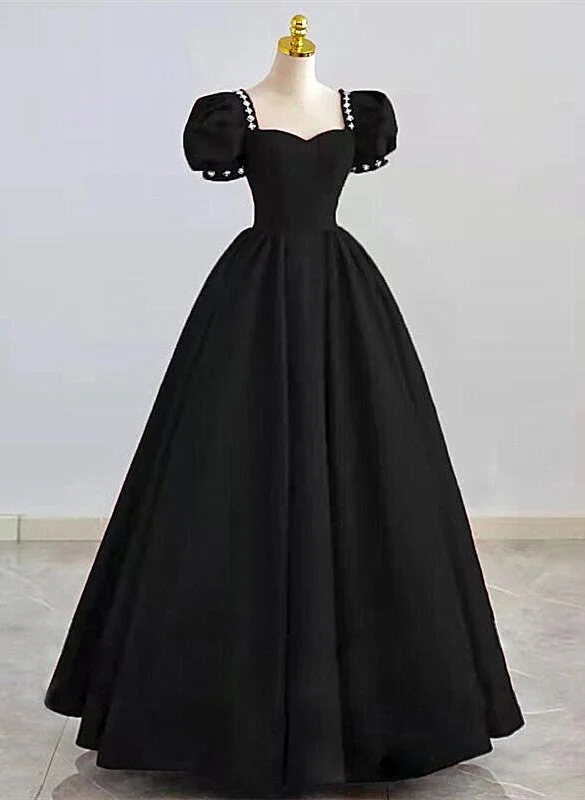 Black Sweetheart Short Sleeves Beaded Party Dress, A-Line Black Satin Prom Dress Cowl Neckline Elegant Black Sweetheart Short Sleeves Beaded Party Dress, A-Line Black Satin Prom Dress Cowl Neckline Elegant