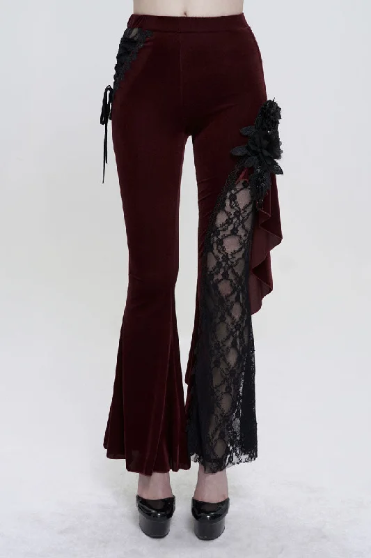 Red Velvet Single Side Stitching Rose Net Side Rope Decoration Asymmetric Pattern Flare Women's Gothic Pants Soft Stretch Leggings