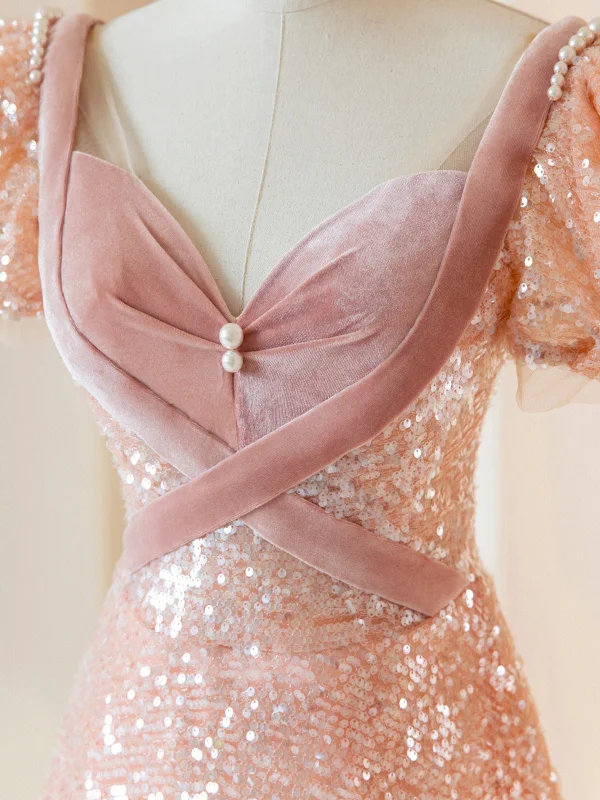 Pink Sequins Long Prom Dress, Lovely A-Line Short Sleeve Evening Party Dress Tunics Custom made Pink Sequins Long Prom Dress, Lovely A-Line Short Sleeve Evening Party Dress Tunics Custom made