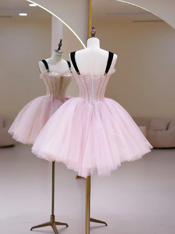 Pink Tulle Sequins Sweetheart Short Prom Dress, Pink Straps Party Dress Tunics Modern contemporary Pink Tulle Sequins Sweetheart Short Prom Dress, Pink Straps Party Dress Tunics Modern contemporary