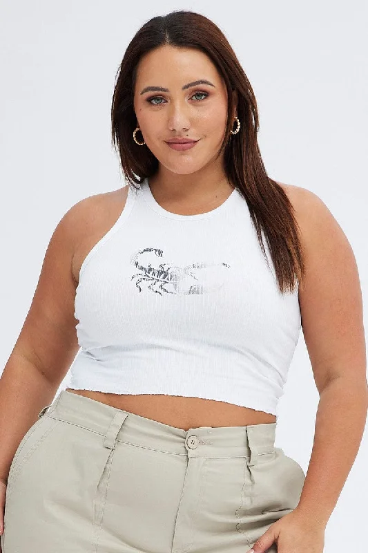 White Rib Tank Top Faded Scorpion Print yoga tank top