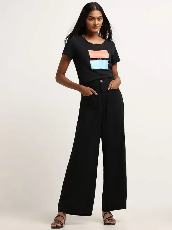LOV Black Blended Linen Mid Rise Wide-Leg Pants Lightweight Linen Pants
