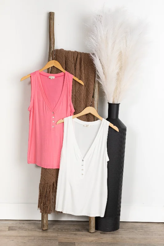 Washed V-Neck Henley Knit Tank Top peach tank top