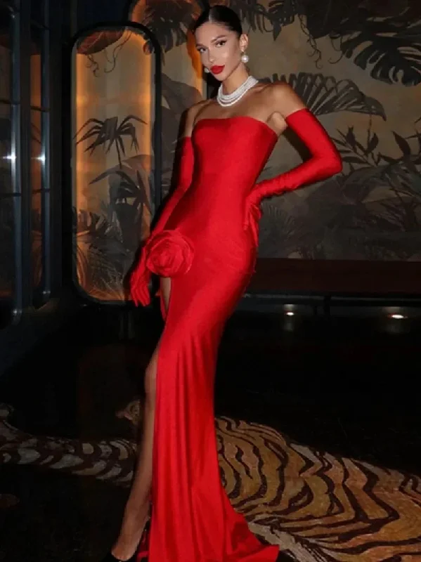 Red Christmas Party Dress - Strapless High Slit Maxi Tunics Sophisticated sleek