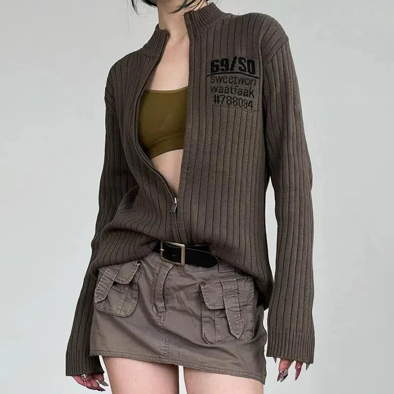 Grunge Zip-Up Cardigan Jacket Crew Neck V-Neck Turtle Neck