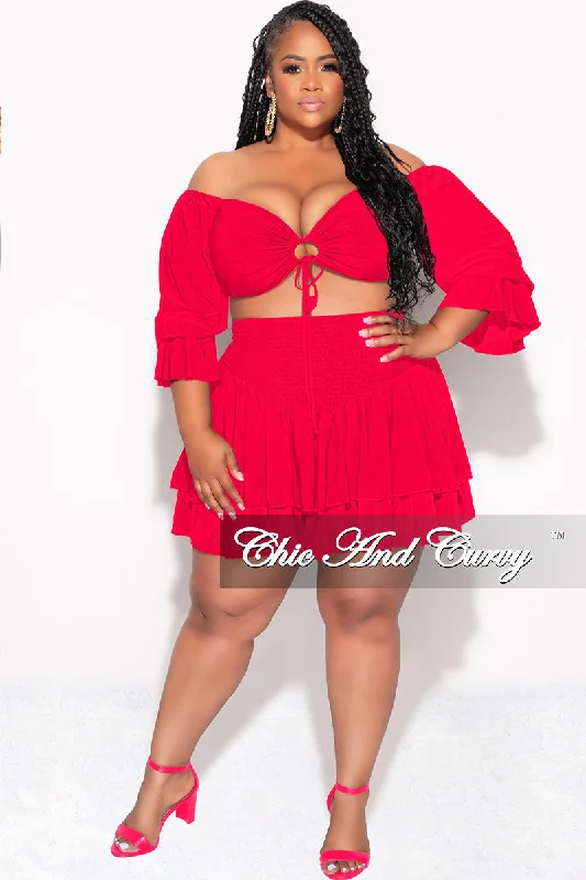 Final Sale Plus Size 2pc Set Off the Shoulder Crop Tie Top and Ruffle Layered Hem Mini Skirt in Red flowy skirt hem