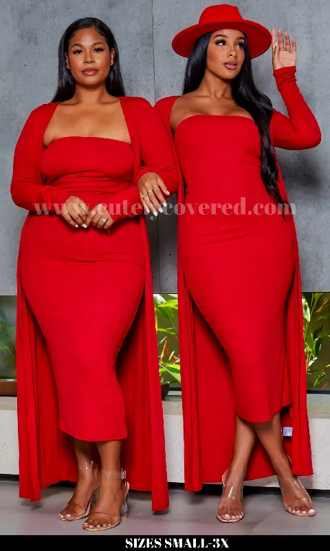 Slay Bae | Cardigan Dress Set -Red Satin Blend Silk Blend Wool Blend