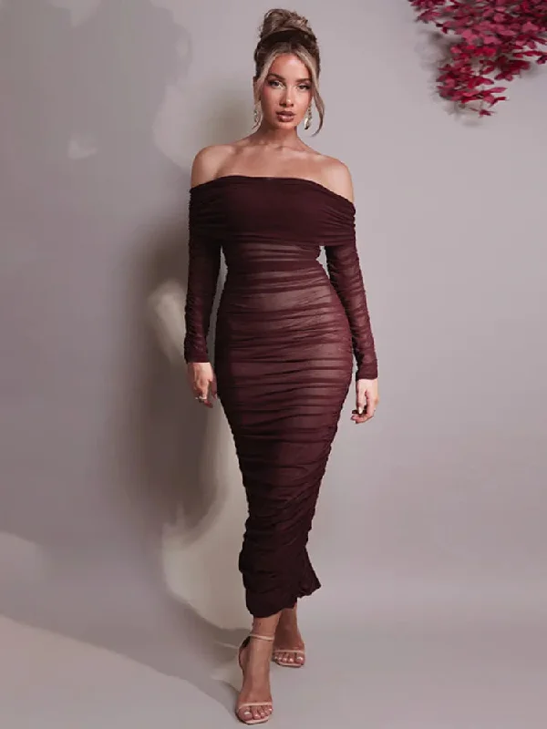 Red Christmas Party Dress - Off Shoulder, Long Sleeve, Backless, Ruched Tunics Versatile functional