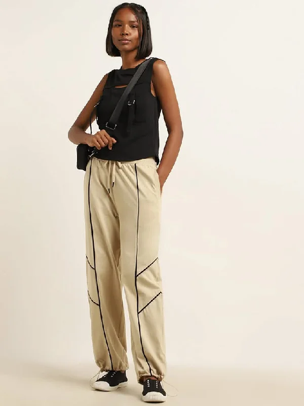 Studiofit Beige Textured Contrast-Detailed Mid-Rise Cotton Track Pants Chic Checkered Pants
