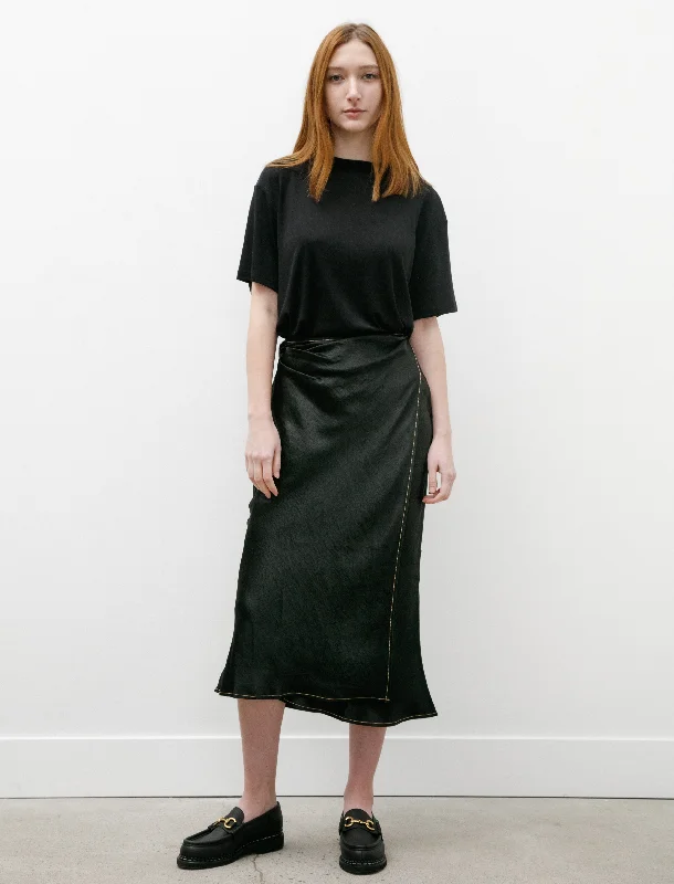 Satin Wrap Skirt Black ruffled skirt detail