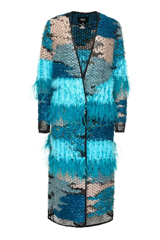WOOL-BLEND FRINGED BLUE LONG-LINE CARDIGAN Soft Cozy Warm
