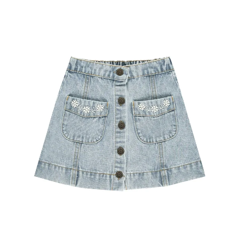 Denver Mini Skirt in Light Wash Denim by Rylee & Cru pleated skirt texture