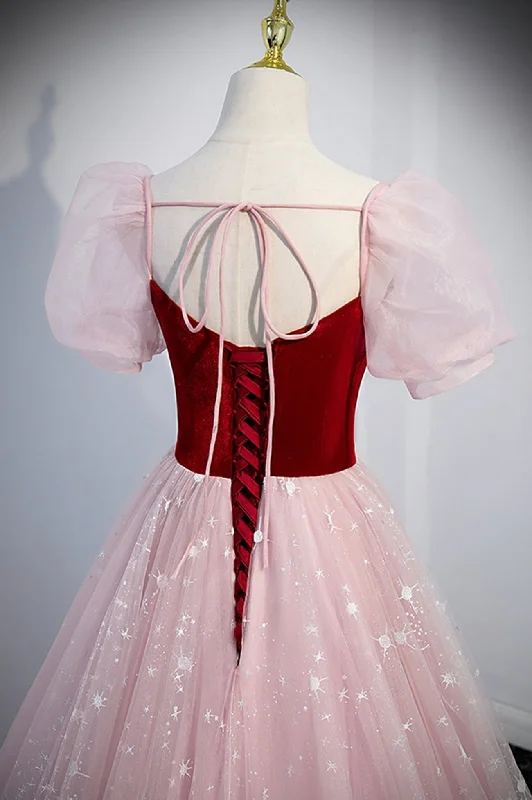 Pink Tulle Long A-Line Prom Dress, Lovely Short Sleeve Evening Party Dress Tunics Spring floral Pink Tulle Long A-Line Prom Dress, Lovely Short Sleeve Evening Party Dress Tunics Spring floral