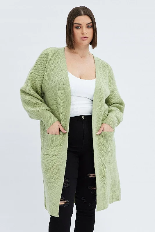 Green Longline Knit Cardigan Striped Floral Plaid