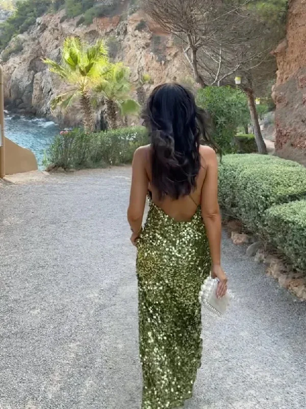 Green Sequin Backless Sling Dress - Sexy Off Shoulder Christmas Party Dress Boatneck Modish Everyday Green Sequin Backless Sling Dress - Sexy Off Shoulder Christmas Party Dress Boatneck Modish Everyday