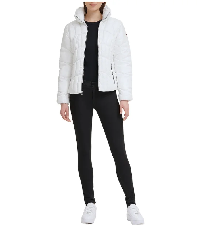 Quilted Puffer Jacket Cream Welt Pockets Slit Pockets Flap Pockets