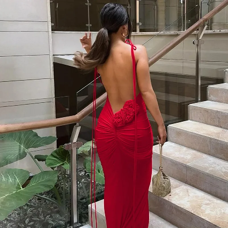 Floral-applique Backless Maxi Christmas Party Dress Tunics Short Trendy