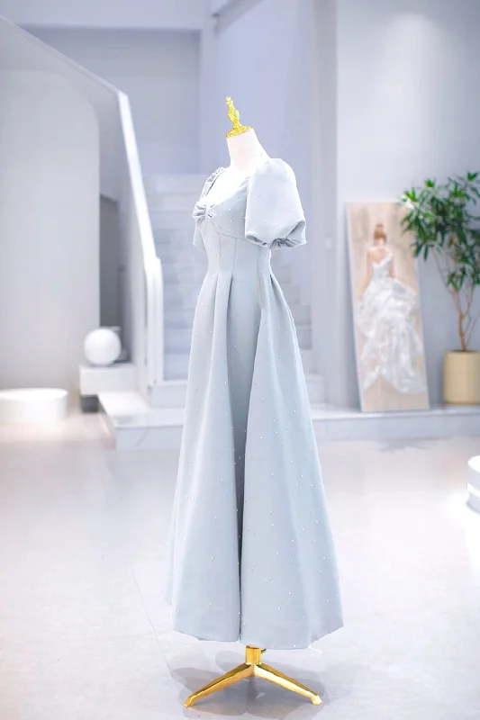 Light Blue Satin Long Prom Dress with Pearls, A-Line Short Sleeve Party Dress Pleated Skirt Elegant