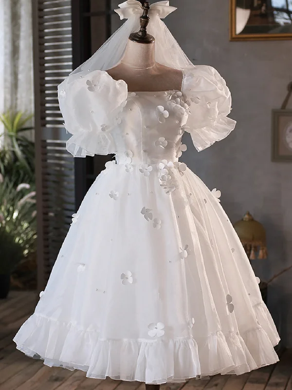 White Tulle Short A-Line Prom Dress, Cute Puff Sleeve Party Dress Tunics Prom sequined White Tulle Short A-Line Prom Dress, Cute Puff Sleeve Party Dress Tunics Prom sequined