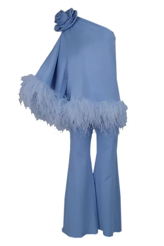 FEATHERED FLORAL ONE-SHOULDER TOP AND PANTS SET Soft Sweatpants Style