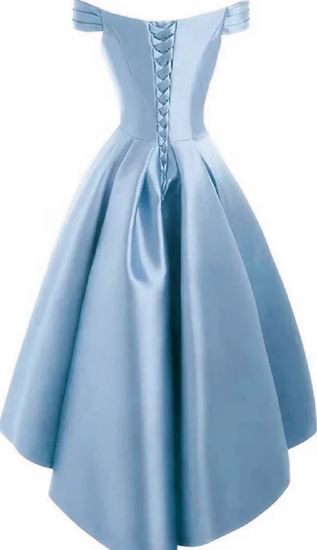 Light Blue Satin Off Shoulder High Low Party Dress Homecoming Dresses, Short Prom Dress Tunics Practical easy-care Light Blue Satin Off Shoulder High Low Party Dress Homecoming Dresses, Short Prom Dress Tunics Practical easy-care