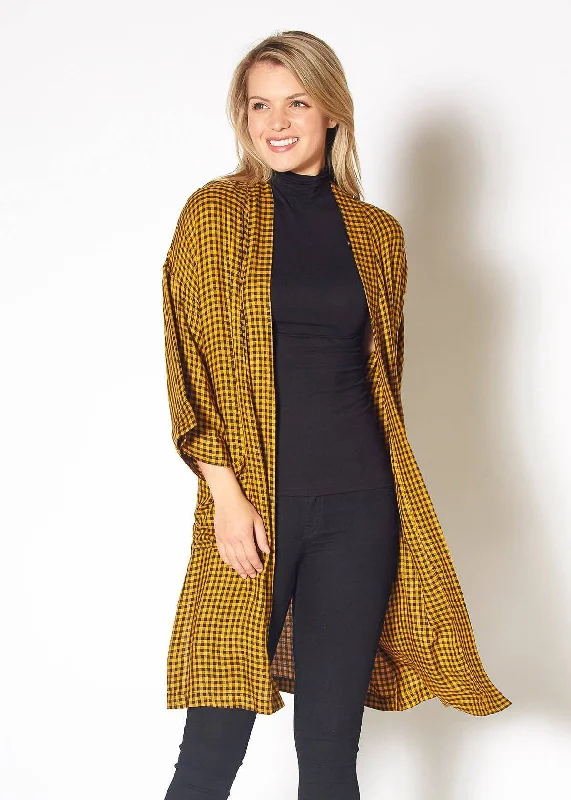 Pleione Gingham Kimono Cardigan in Mustard Checker Satin Blend Silk Blend Wool Blend Pleione Gingham Kimono Cardigan in Mustard Checker Satin Blend Silk Blend Wool Blend